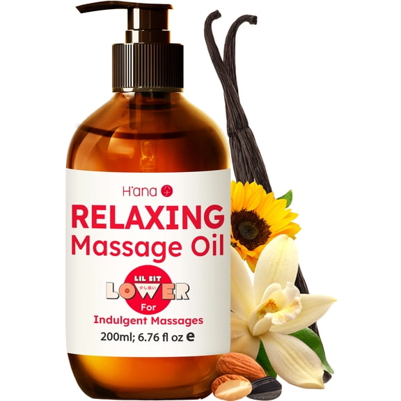 H'ana Relaxing Massage Oil - 6.76 fl oz - 100% Pure Natural Vanilla Spa Quality, Calming Sore Muscle Relief, Hydrating Moisturizer for Men & Women