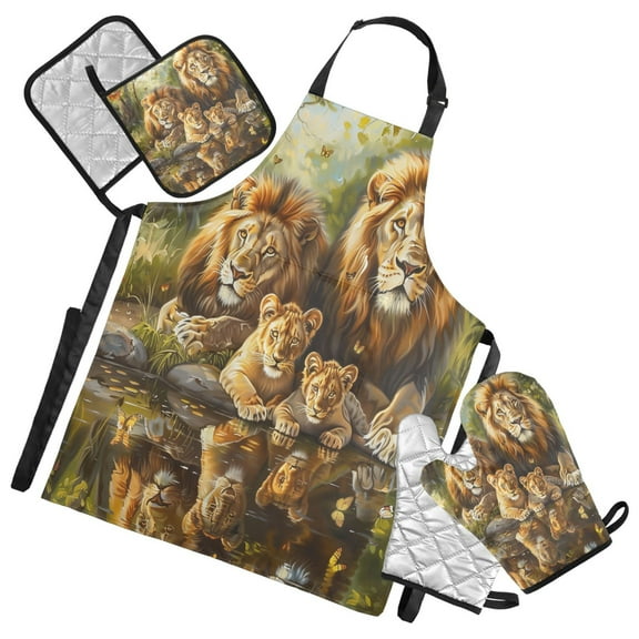 5 Pcs Kitchen Set Heat Resistant Oven Mitts and Non-Slip Pot Holders with Adjustable Cooking Apron Lion Family Sitting by Water