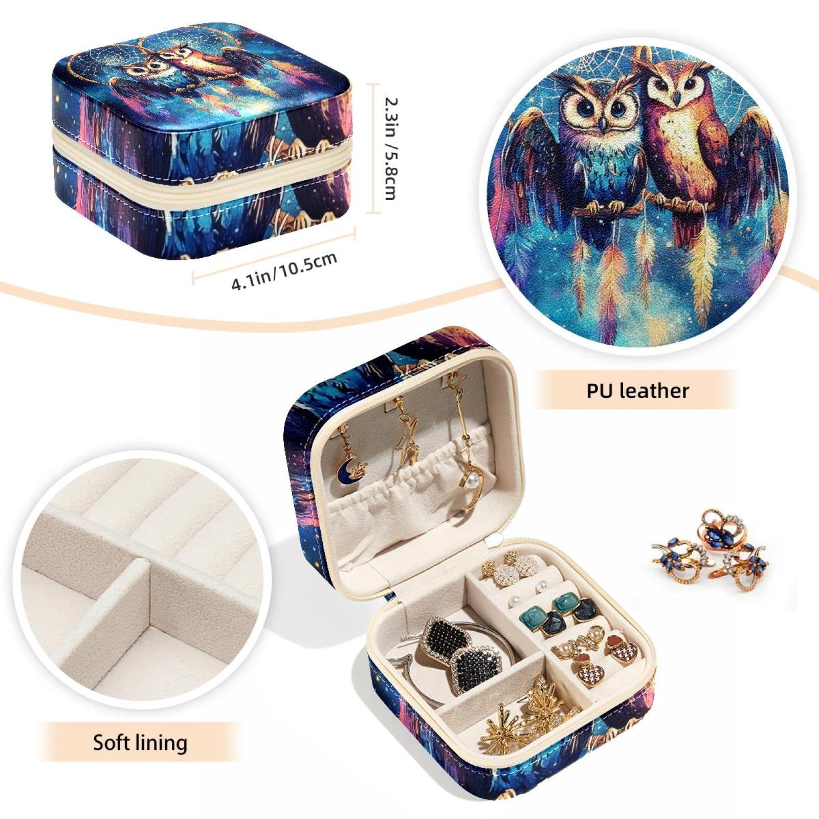 PhooArto Small Jewellery Box, Owls and Dreamcatcher Galaxy Portable Travel Mini Jewelry Case for Women Leather Ring Organizer
