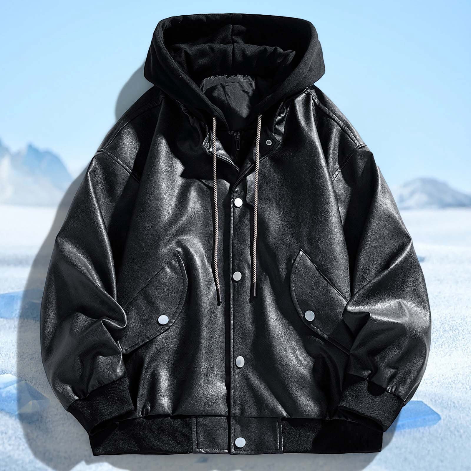 MIXUE Mens Coats And Jackets Autumn Winter Leather Solid Color Hooded Button Down Long Sleeve Slim Fit Casual Coat Activewear,Black,M