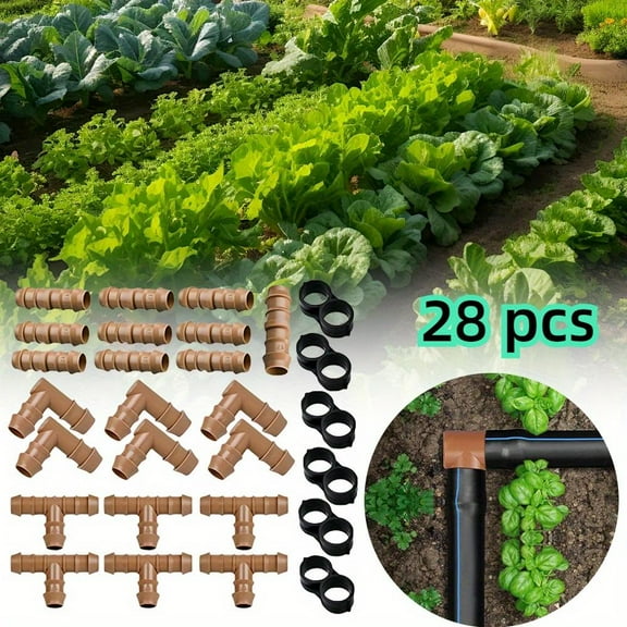 Pack of 28 Drip Irrigation Fittings Kit (17mm) for 1/2" Tubing (.600" ID),10 Couplings,6 Tees,6 Elbows and 6 Tubing End Closure-Barded Connectors for Drip or Sprinkler Systems