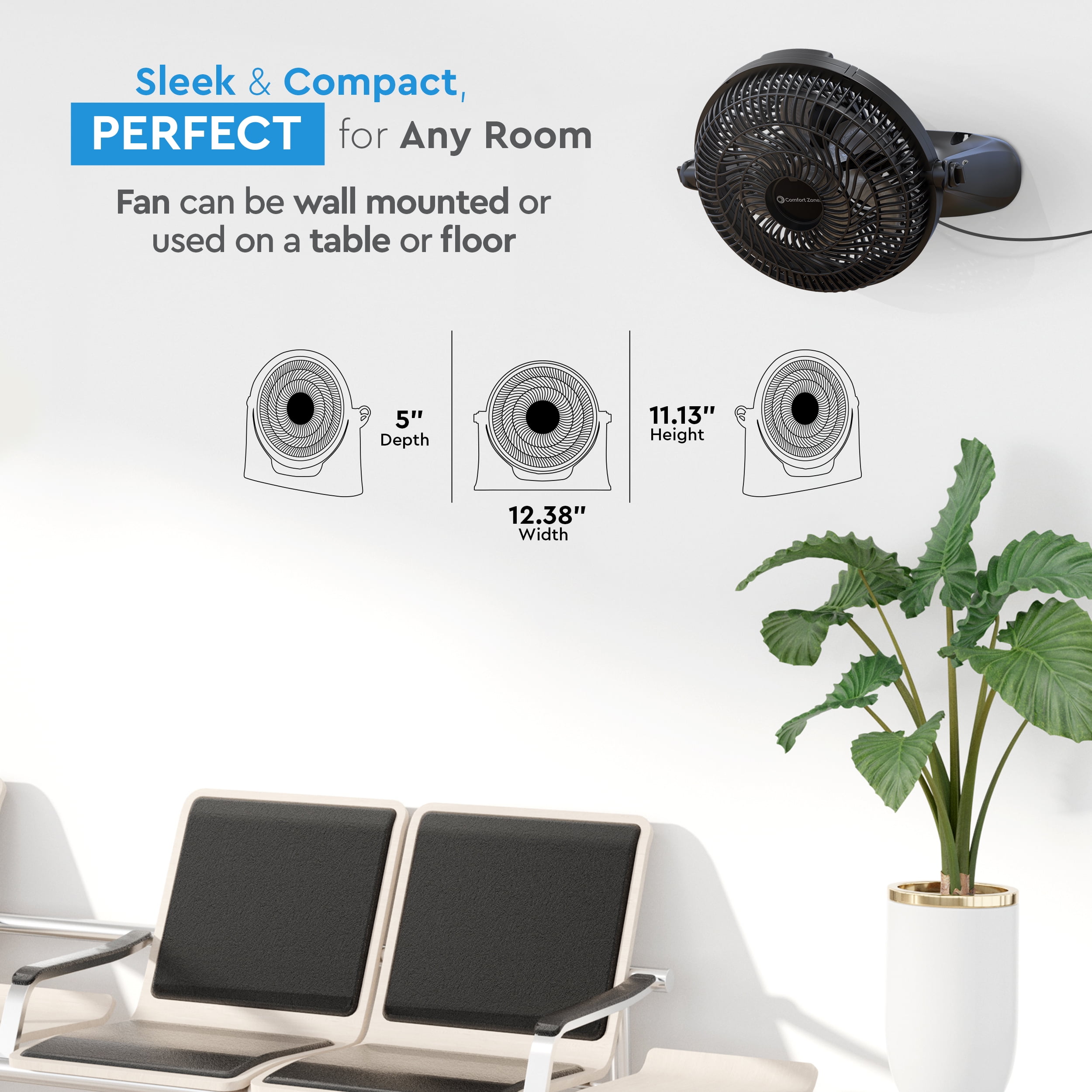 Comfort Zone 9 in. Desk Fan with Wall-Mounting Capabilities, 6 Blades, Black