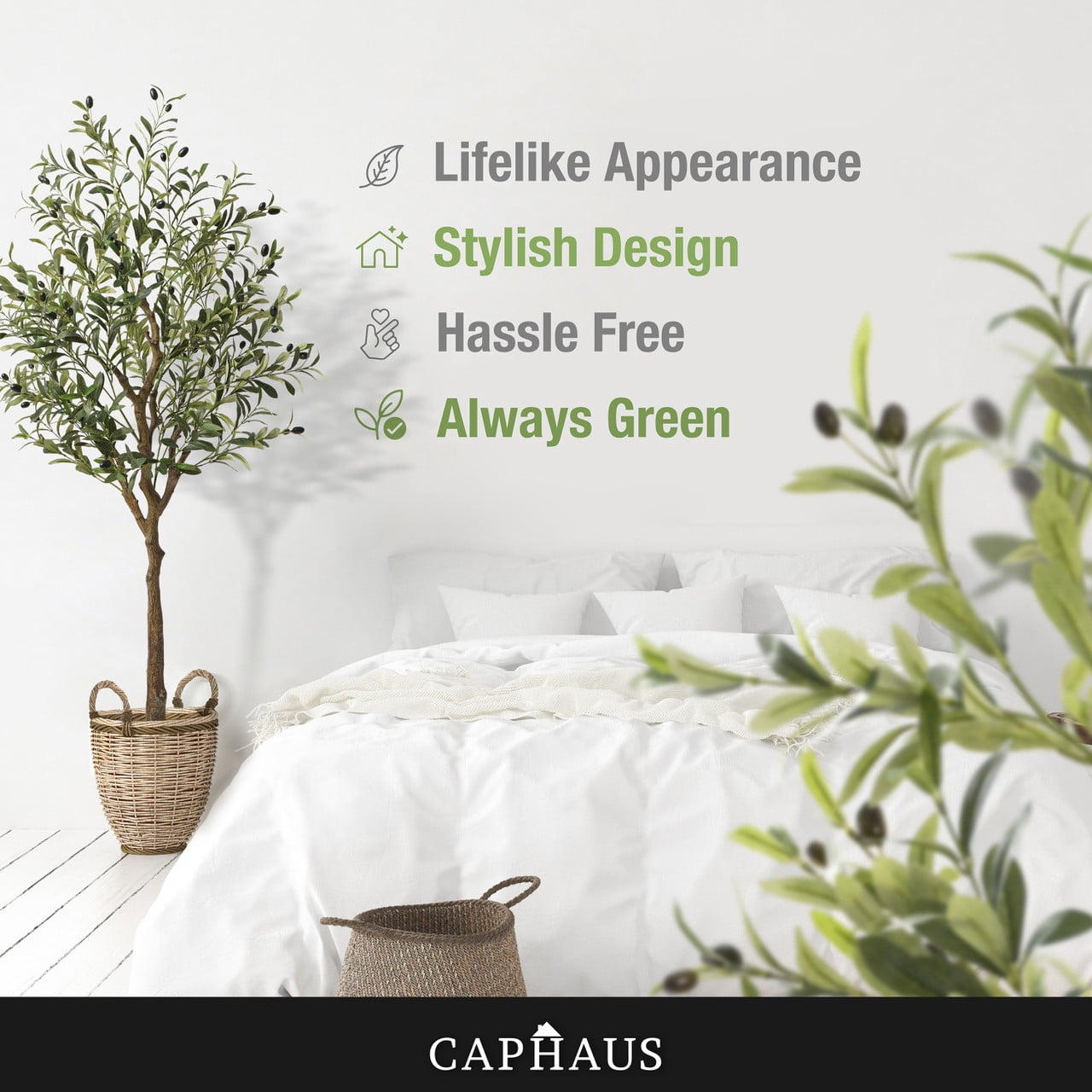 CAPHAUS Artificial Olive Tree, 5 / 6 / 7 Feet Fake Potted Topiary Tree with Dried Moss, Faux Olive Branch and Fruit, Faux Plant in Pot for Indoor Home Office Modern Decoration Gift for Housewarming