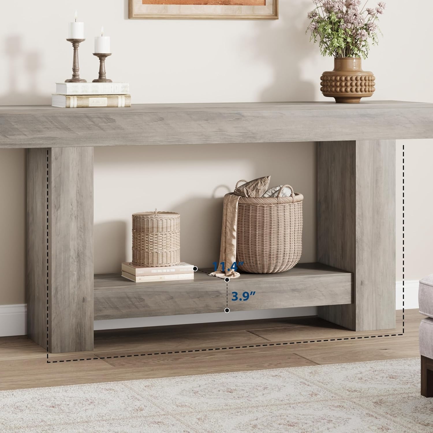 63'' Long Console Table, 2-Tier Narrow Entryway Table Sofa Table with Storage, Farmhouse Wood Behind Couch Table for Living Room, Hallway, Gray