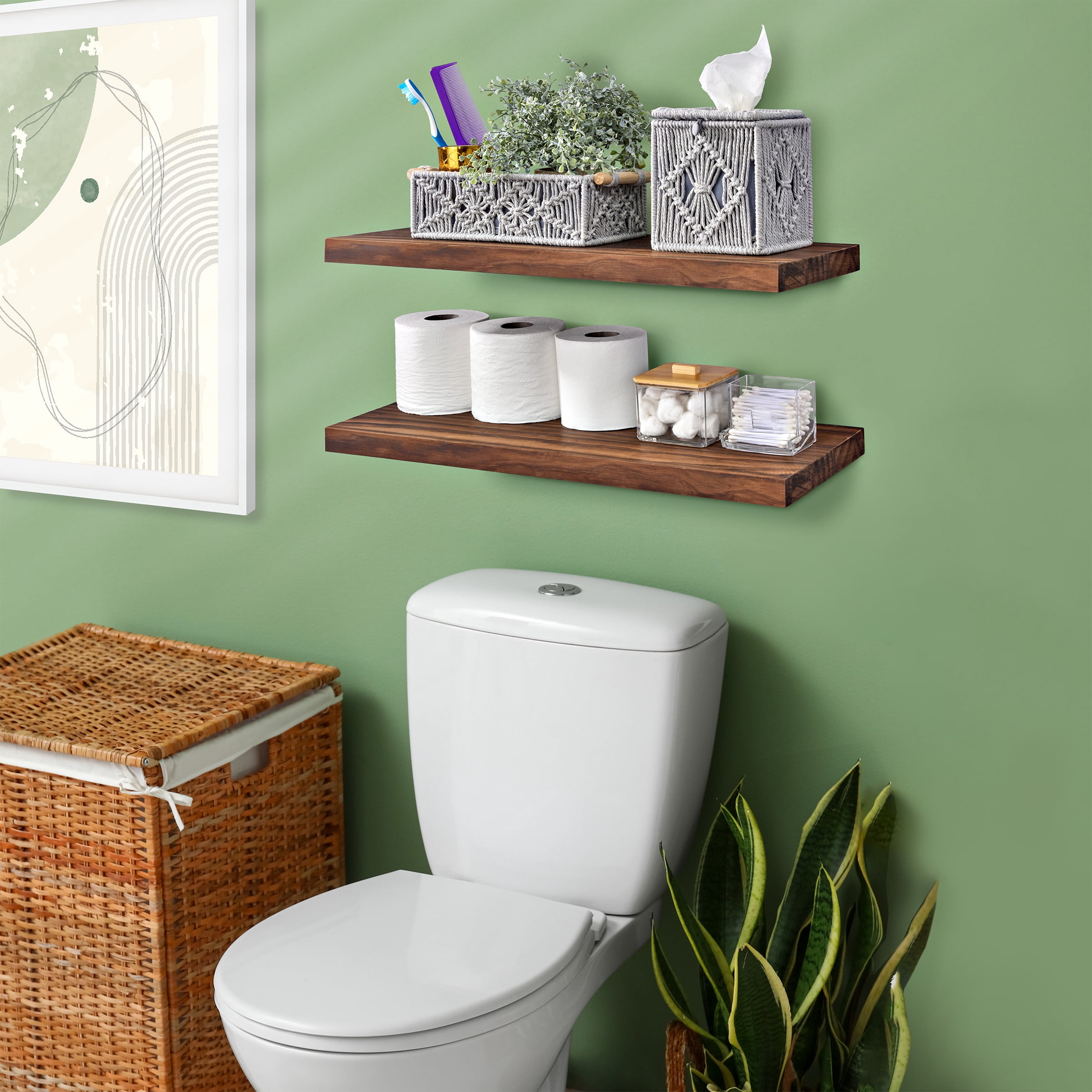 Sorbus 2-Pack Solid Wood Floating Shelves, 24 in, Brown, Wall-Mounted Storage