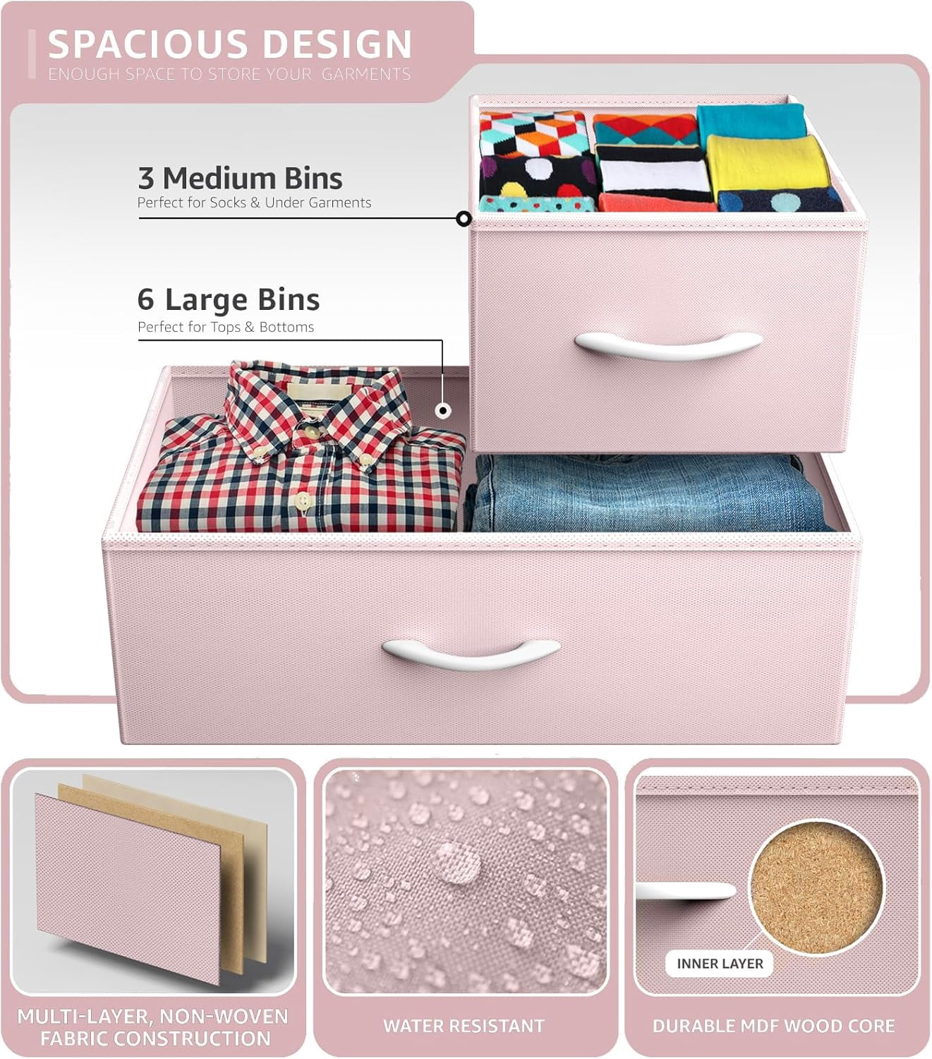 Nightstand Chest 9 Drawers Bedside Organizer Dresser Furniture for Bedroom and Office - Pink