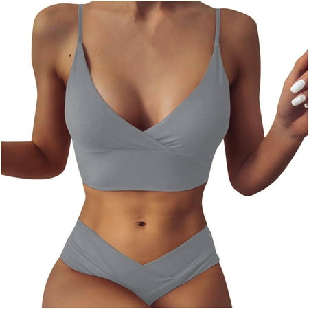 REORIAFEE Women Sexy Bikini Set Push Up Bathing Swimwear Swimsuit Fashionable Bikini Padded No Underwire Quick Drying Floral Bikini Split Swimsuit Gray XL
