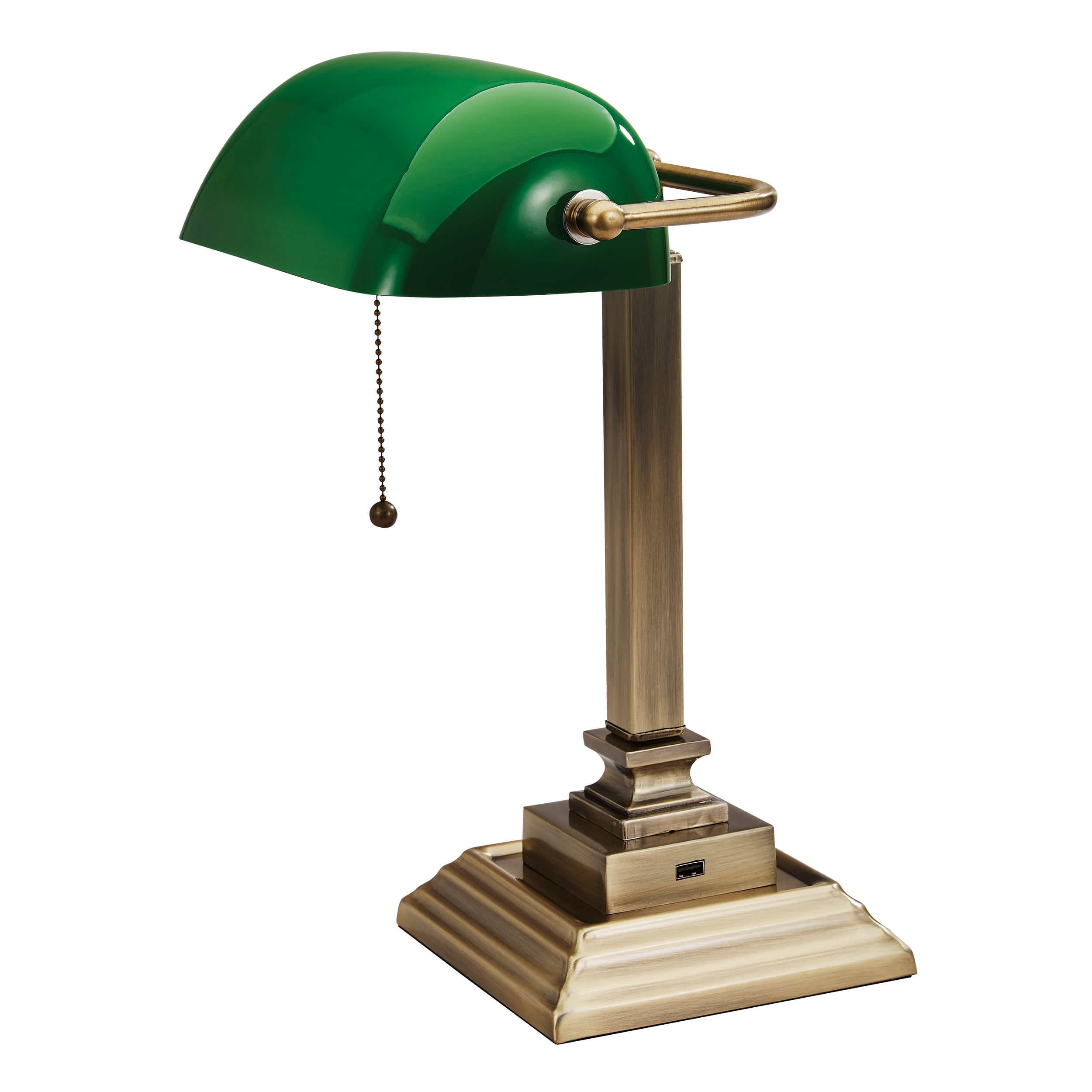 V-Light 15 inch Brass LED Banker's Lamp with Green Shade and USB Charging Port