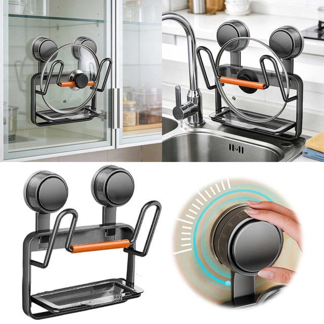 Rack Storage Organizer for Kitchen Lids and Cookware – Wall Mounted Lid Rack with Tray and Space Saving Shelf Solution