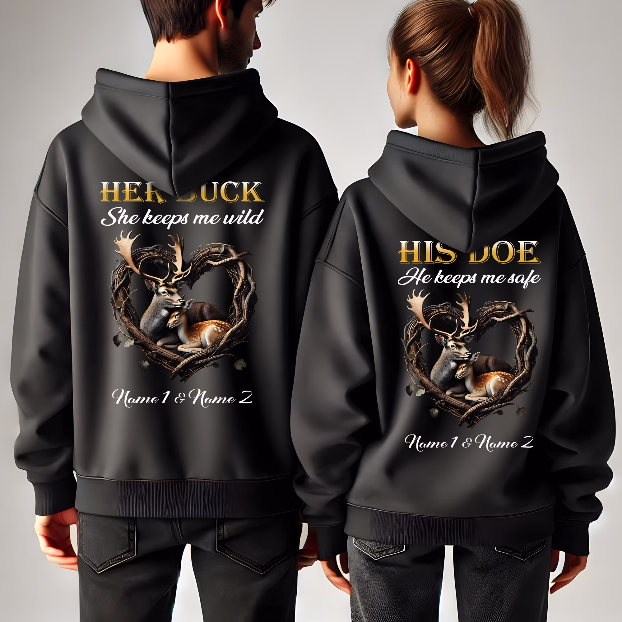 Lotusprinthandmade Personalized Valentine Matching Deer Couple Hoodie 2D S-5XL Multicolor (2XL) – Valentine Couple Hoodie Set