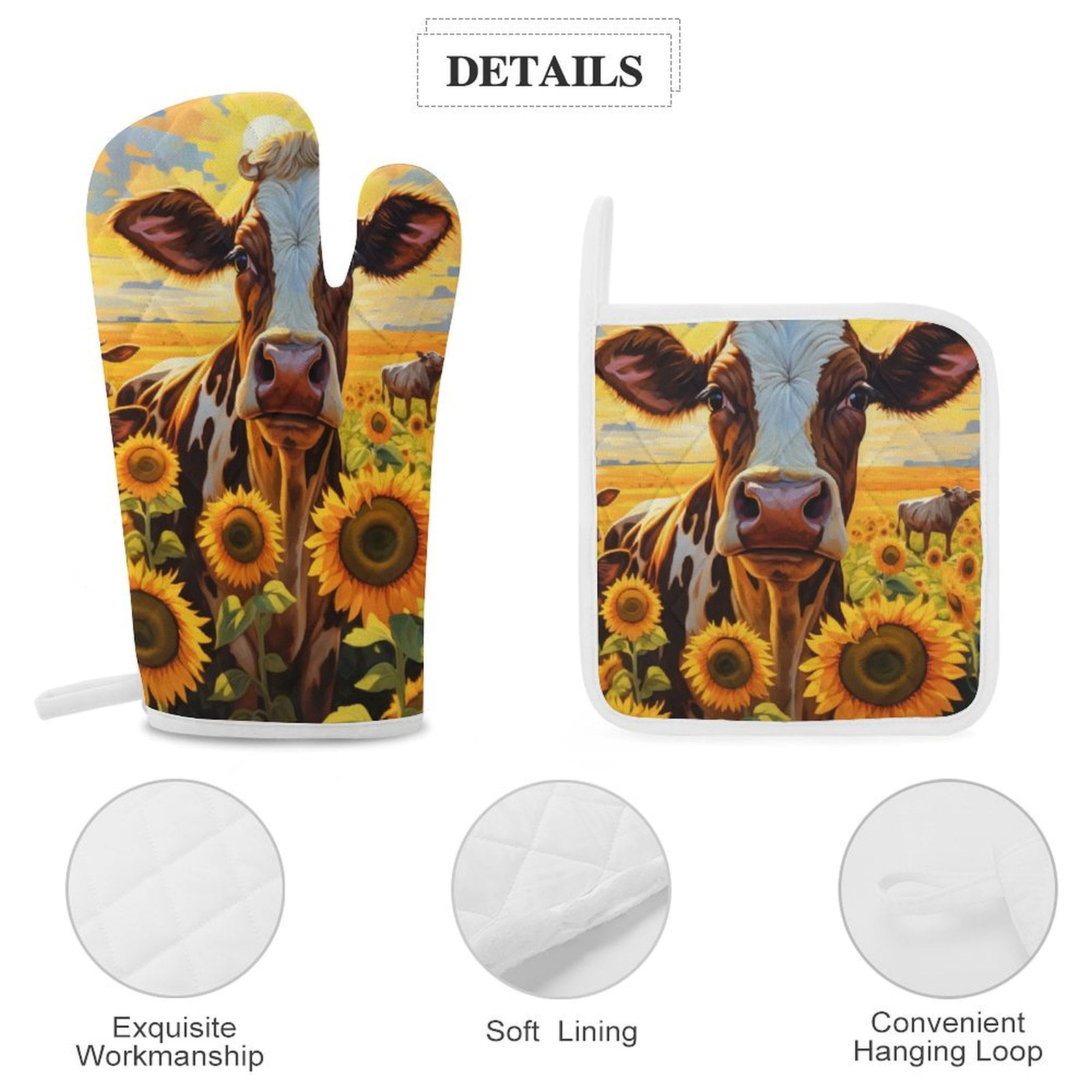 Farm Cows Heat Resistant Microwave Oven Gloves Set for BBQ Baking Grilling,Baking Gifts Cooks for Women,Housewarming Gifts for New Home