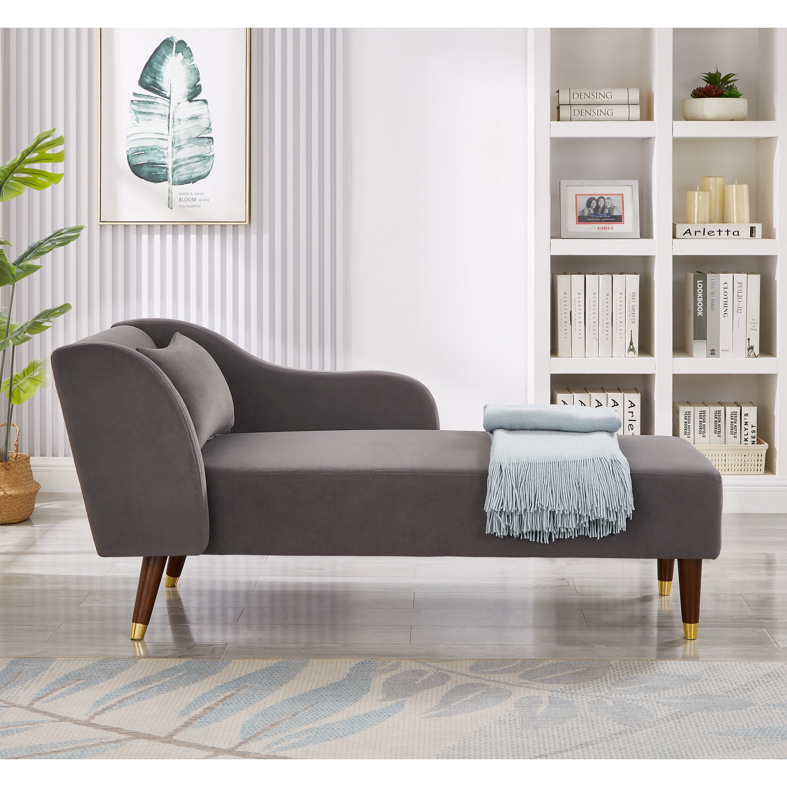 Miniyam Velvet Chaise Lounge, Upholstery Accent Chaise Chair with Pillow for Living Room Bedroom, Left Armrest, Gray