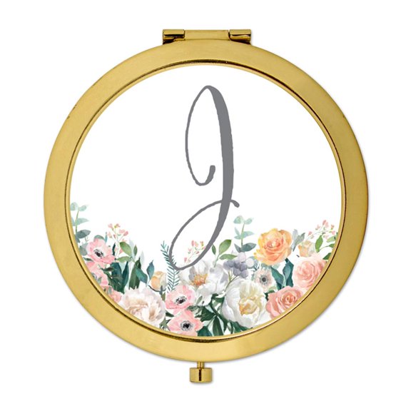Koyal Wholesale Gold Compact Mirror Bridesmaid's Wedding Gift, Peach Flower Florals on White, Monogram Letter J, 1-Pack