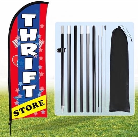 11ft Thrift Store Feather Flag Banner Sign for Business Advertising Swooper Flag Sign with Flagpole Ground Stake Portable Bag Thrift Store Signs Banner Set for Outside Business