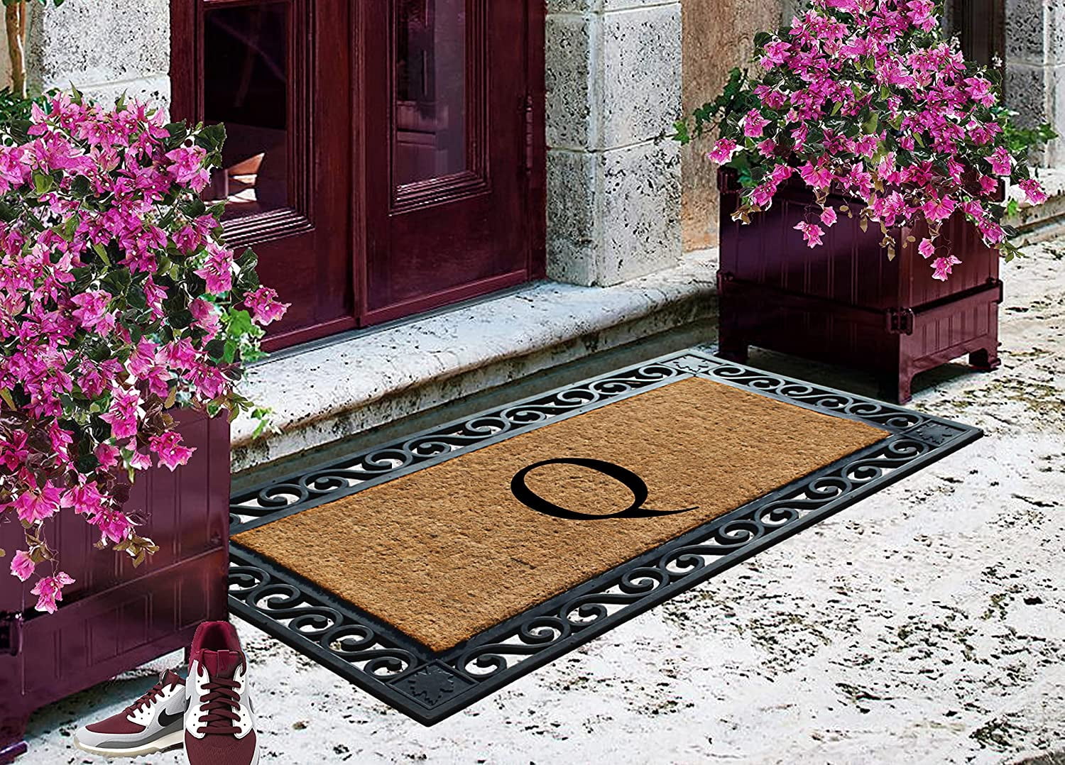 A1HC Natural Coir and Rubber Paisley border Monogrammed Doormat, Anti-Shed Treated Durable for Outdoor Entrance , 23"X38", Black