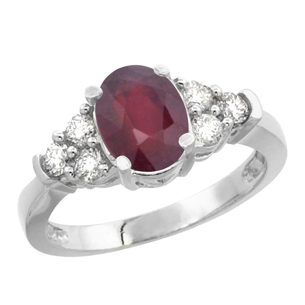 14K White Gold Natural Ruby Ring Oval 9x7mm Diamond Accent, size 5 by Gabriella Gold