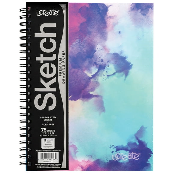 UCreate Fashion Poly Sketch Book, Watercolor Splash, Unruled, 12" x 9"