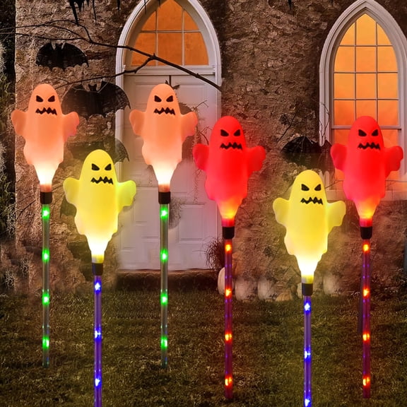 6 Pack Halloween Ghost Pathway Stake Lights, 1.79FT Adjustable Outdoor Decorative Ground Lights, Waterproof Multi-Color Ghost Yard Stakes for Lawn, Porch, Walkway & Garden Halloween Decor
