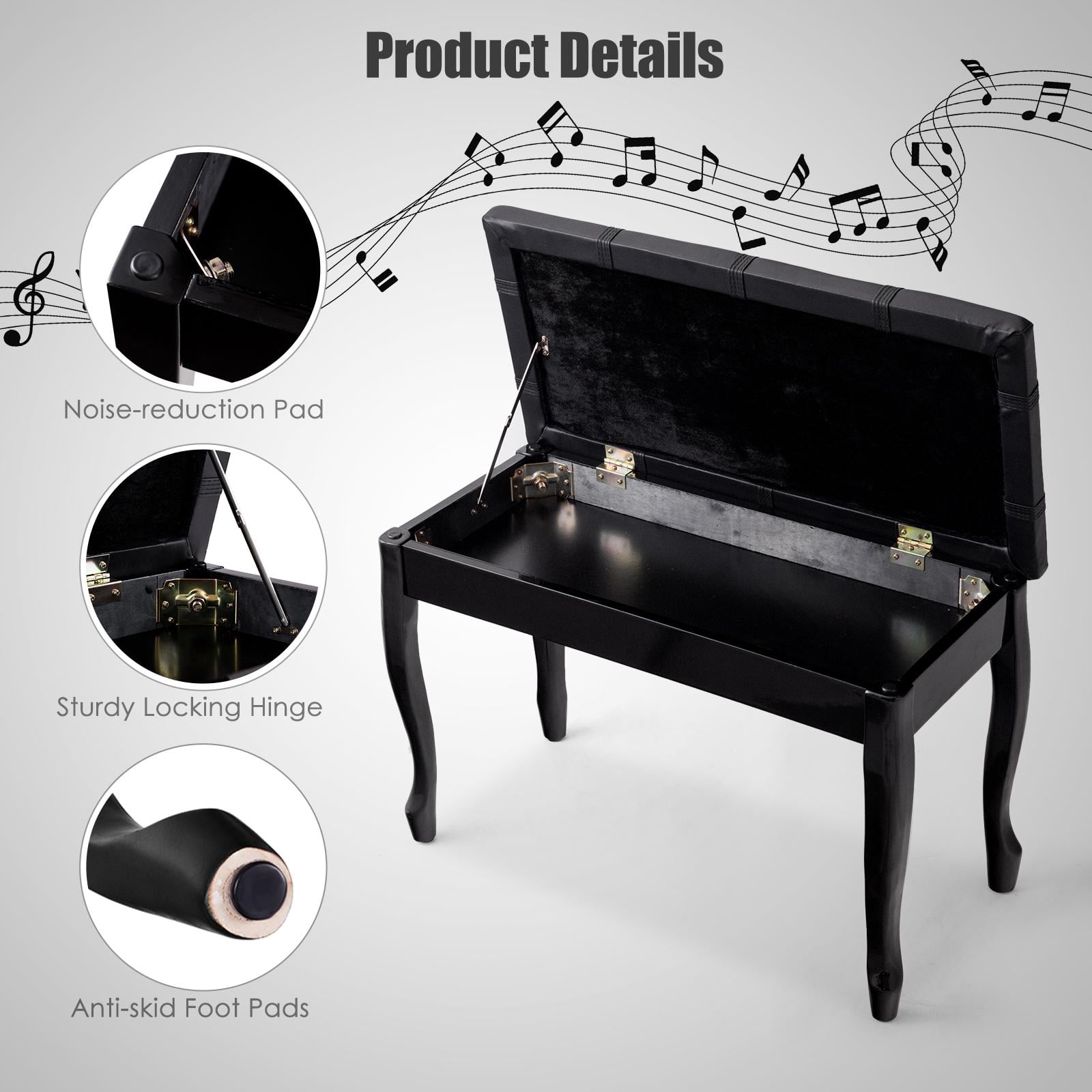 Giantex Piano Bench Stool, Heavy Duty Piano Duet Seat w/Padded Cushion, Music Storag & Solid Wooden Legs, Black