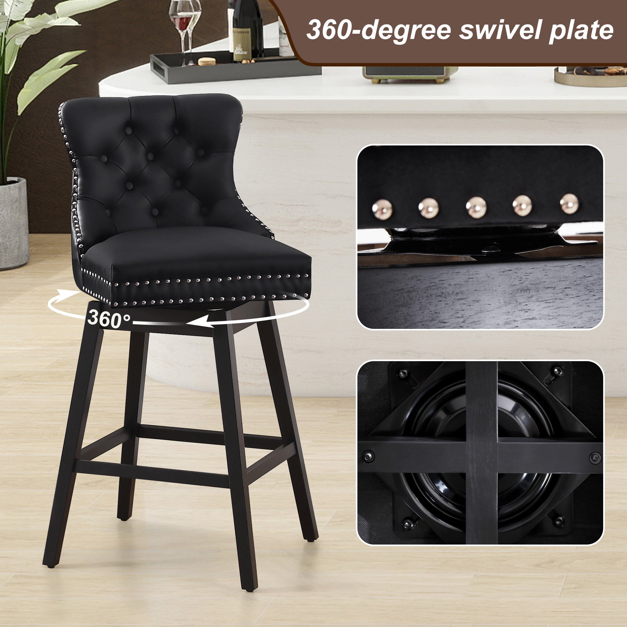 Tewloss 30" Swivel Bar Stools Set of 4 With Back Leather Bar Height Chairs for Home Kitchen, Black