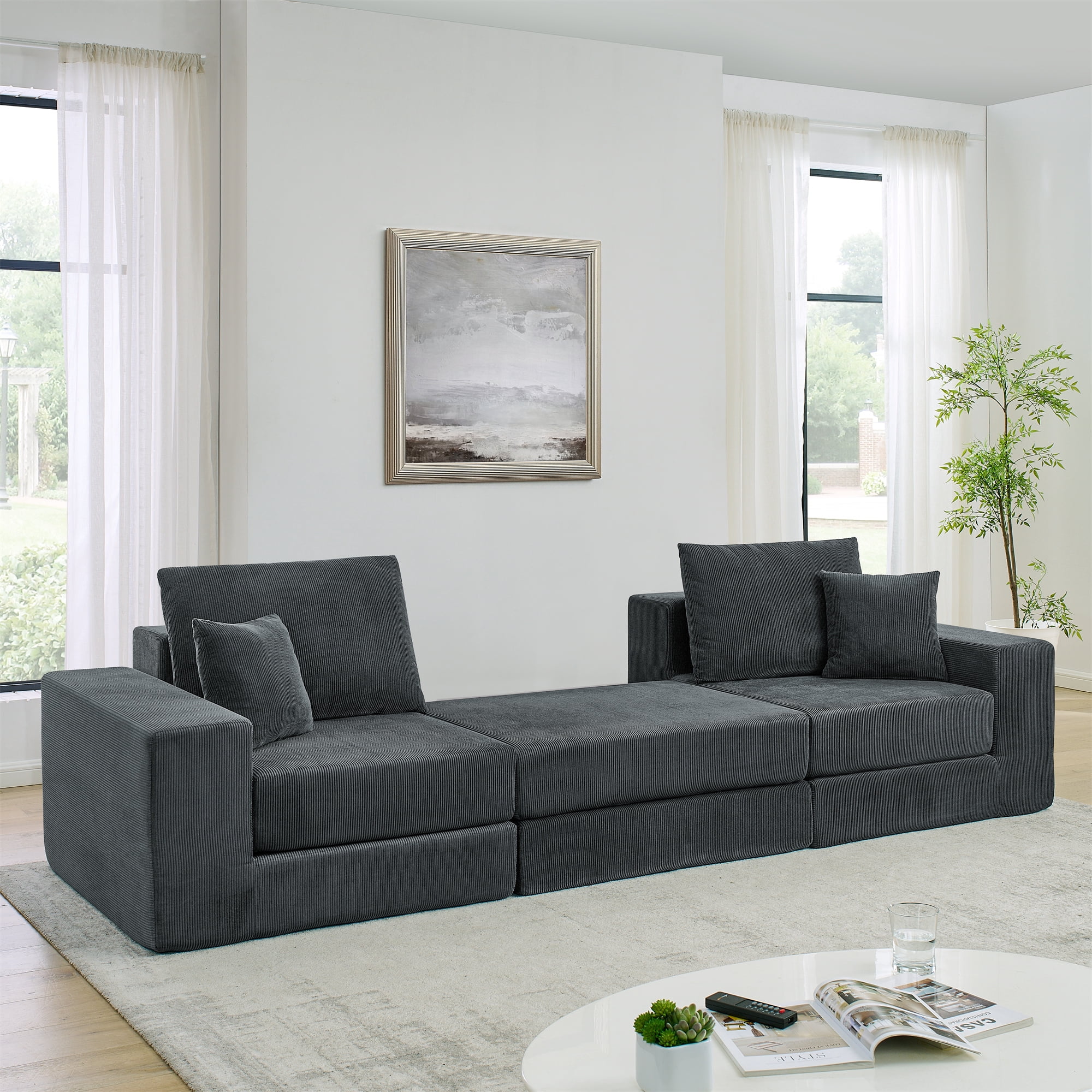 Miniyam Corduroy Modular Sofa, Cloud Couch Deep Seat Sectional with Pillows and Ottoman, No Assembly Required, Living Room Furniture, Grey