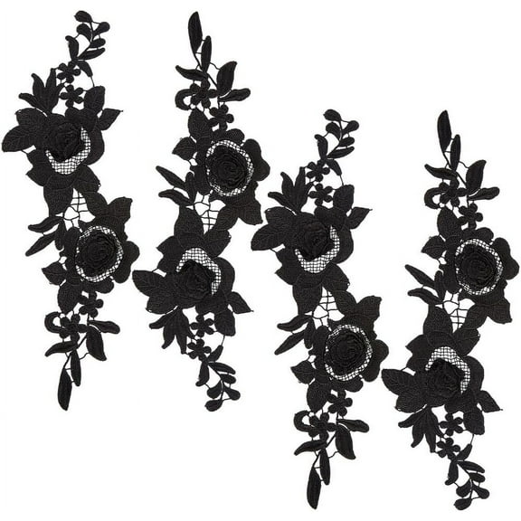2 Pairs 14.2x4.3 Inch Black Embroidery Patch Flower Lace Fabric Sewing Floral Rose Patches Trim Applique Lace for Wedding Sewing Trim Wedding Dress Clothes DIY Decoration
