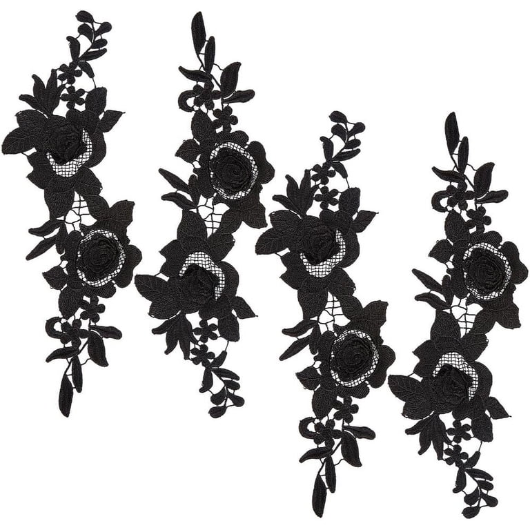 1 Pair Black Flowers Embroidered Applique Patches - Sew-On (No Glue/No Iron-On) For Clothing, Bags, Hats, DIY Decor