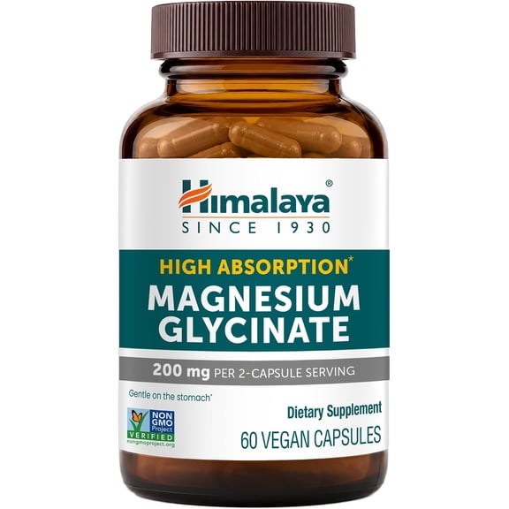 Himalaya Magnesium Glycinate, 60 Vegan Capsules, High Absorption Dietary Supplement for Muscle Function, Bone Health, and Relaxation, Chelated, Non-GMO, Gluten-Free, 200mg per 2 Capsule Serving