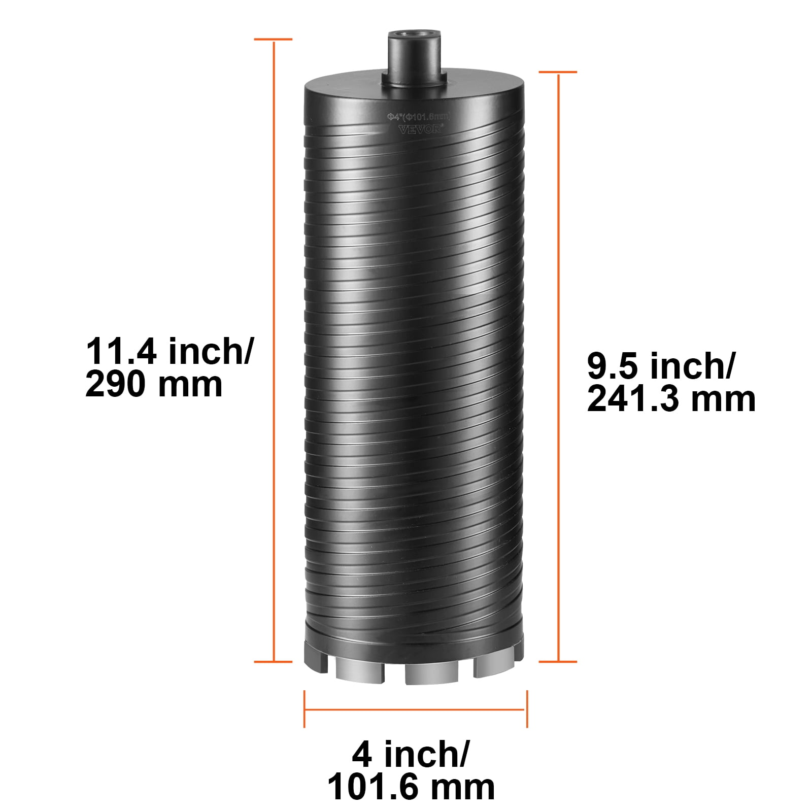 VEVOR Core Drill Bit, 4" Wet/Dry Diamond Core Drill Bits for Brick and Block, Concrete Core Drill Bit with Pilot Bit Adapter and Saw Blade, 9.5" Drilling Depth, 5/8"-11 Inner Thread, Laser Welding