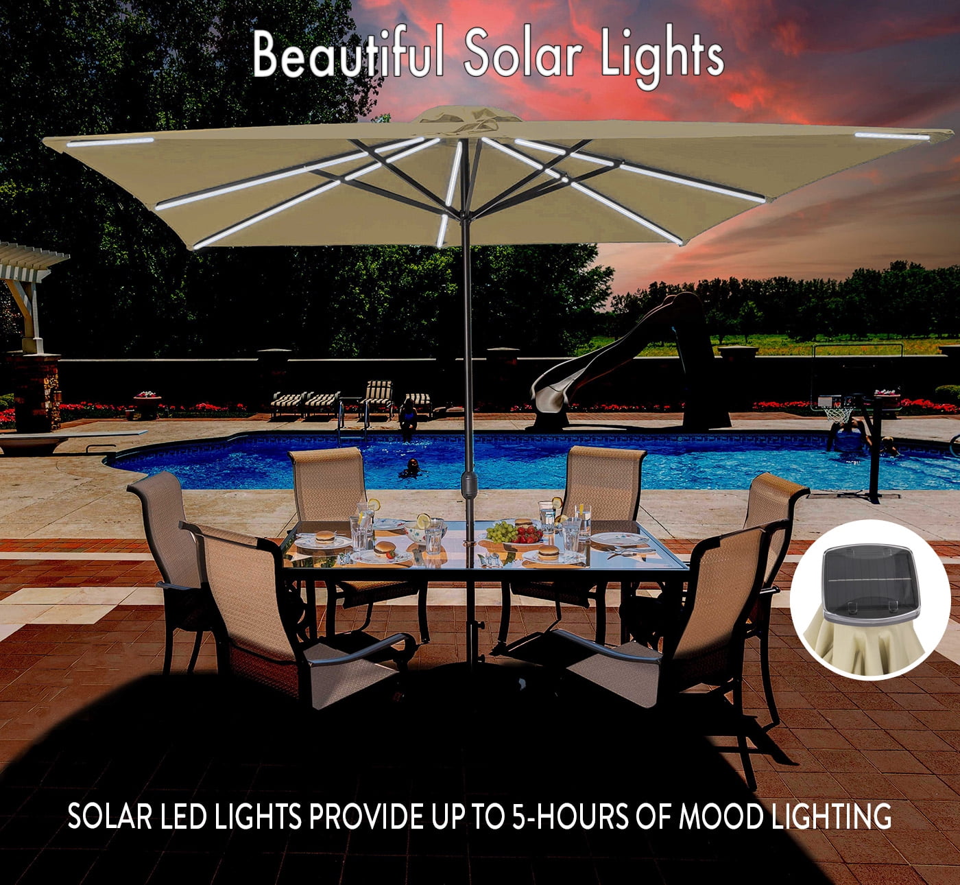 Freetime Fun Heavy Duty Ibiza 8x10ft Rectangular Outdoor Patio Umbrella with Solar Lights, Sand