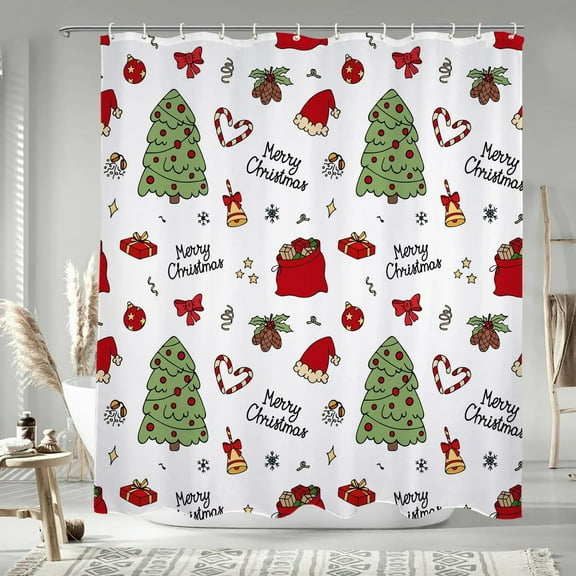 84x72 Inch Merry Christmas Cartoon Shower Curtains Xmas Tree Gifts Polyester Bath Curtain Winter Holiday Stall Size Shower Curtain for Kids Bathroom Decor Waterproof Fabric with Hooks