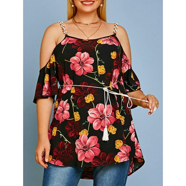 Blusa de Hombros Al Aire con Estampado Floral de Talla Extra Rosegal Blusas Tallas Grandes