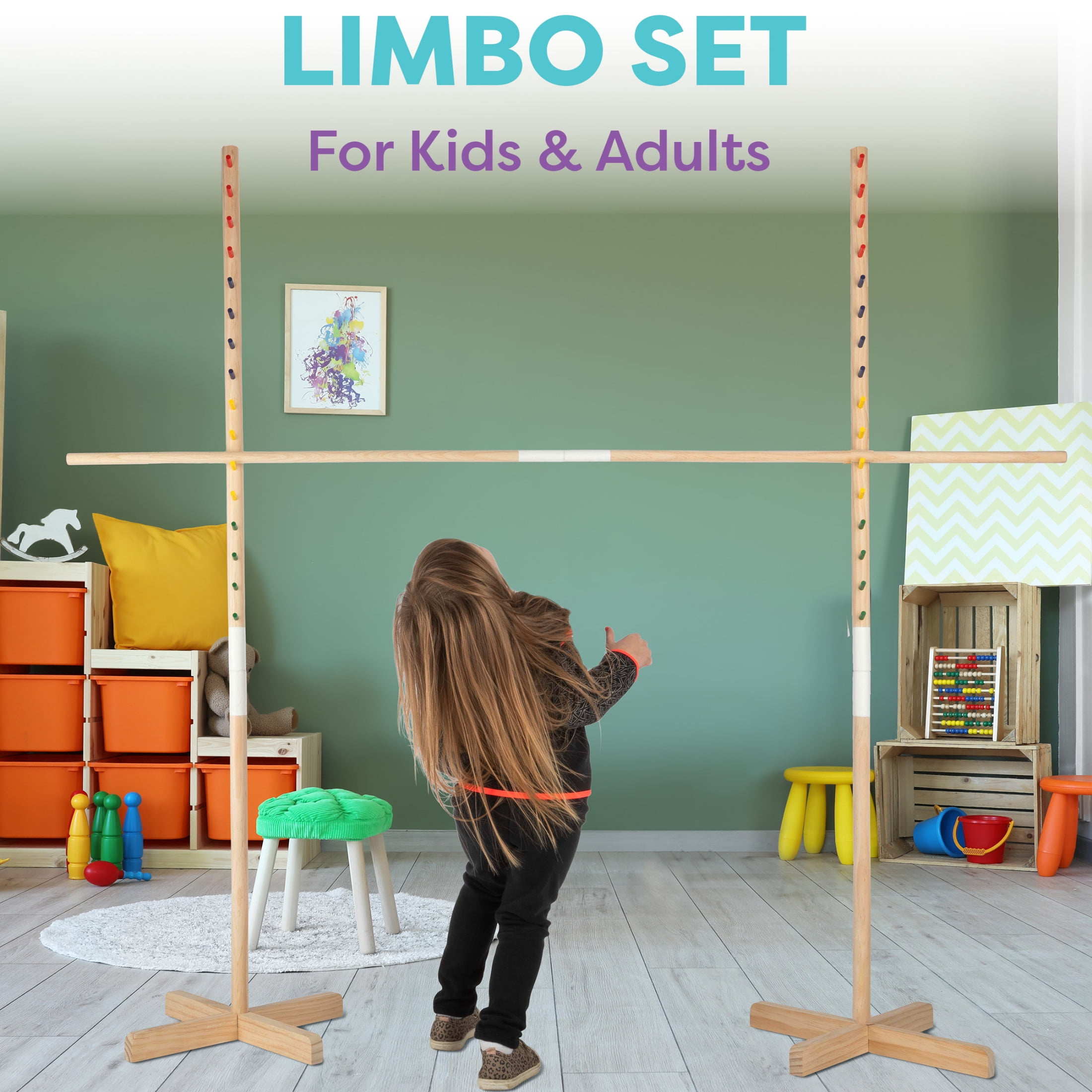 Hey Play Wooden Limbo Game for Kids and Adults - Carrying Bag Included