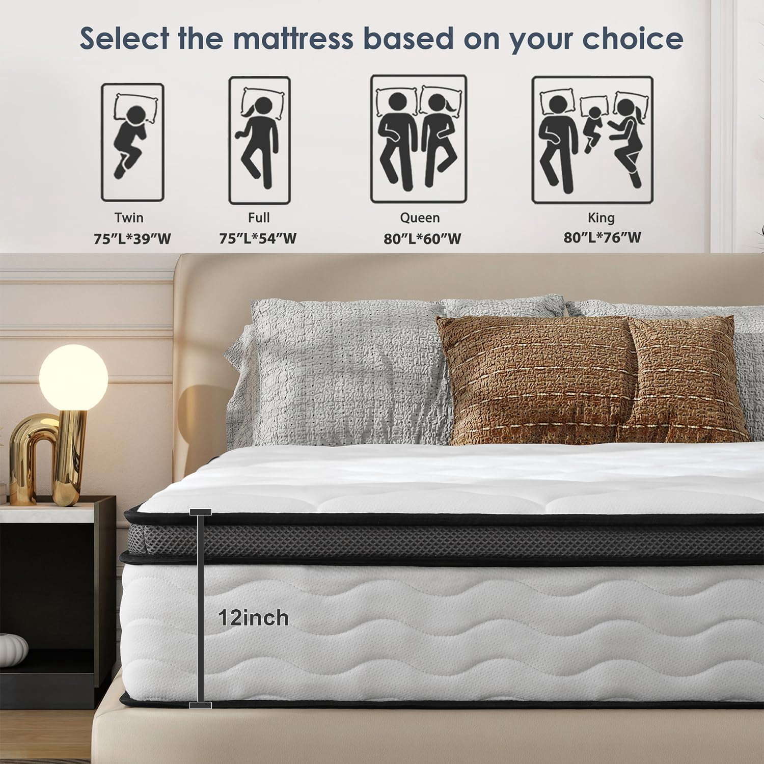Full Mattress 12 inch, CARZZI LIFE Full Size Mattress in a Box, Gel Memory Foam and Wrapped Pocket Hybrid Spring Mattress, Medium Firm, Zoned Pressure Relief, Edge Support, 365-Night Trial