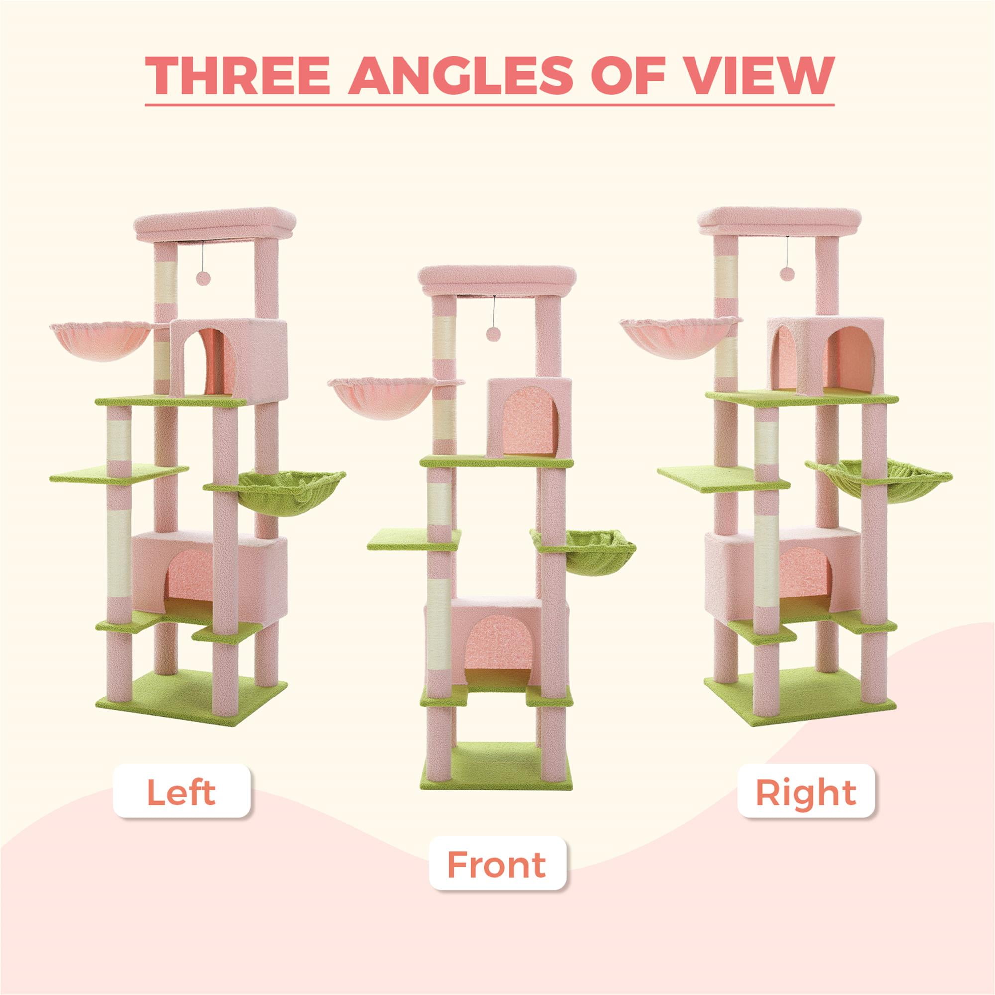 Kadyn 66" Cat Tree Tower for Big Cats, Cat Tree House Furniture with Hammock, Indoor Cat Condo for Adult Cats, Pink