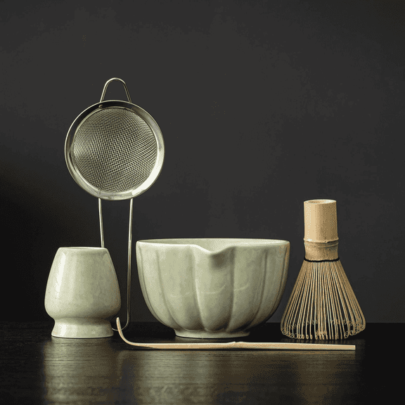5-Piece Matcha Kit, Ceramic Bowl & Bamboo Whisk Accessories Set, Mottled Green Tea Making Supplies