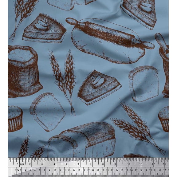 Soimoi polyester Crepe Fabric Rolling Pin,Wheat & Sandwich Bread Food Printed Craft Fabric by the Yard 42 Inch Wide