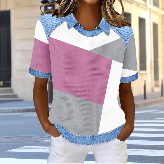 AUNVITO Women's Waffle Knit Top Relaxed Fit Notch Collar Casual Print Blouse Shirt Casual and Trendy Daily Style
