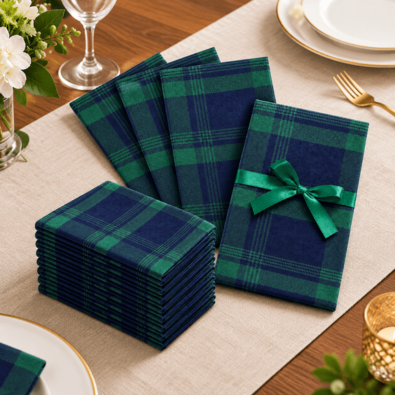 12-Pack Blue and Green Tartan Plaid Cotton Blend Cloth Dinner Napkins for Holiday Table Decor