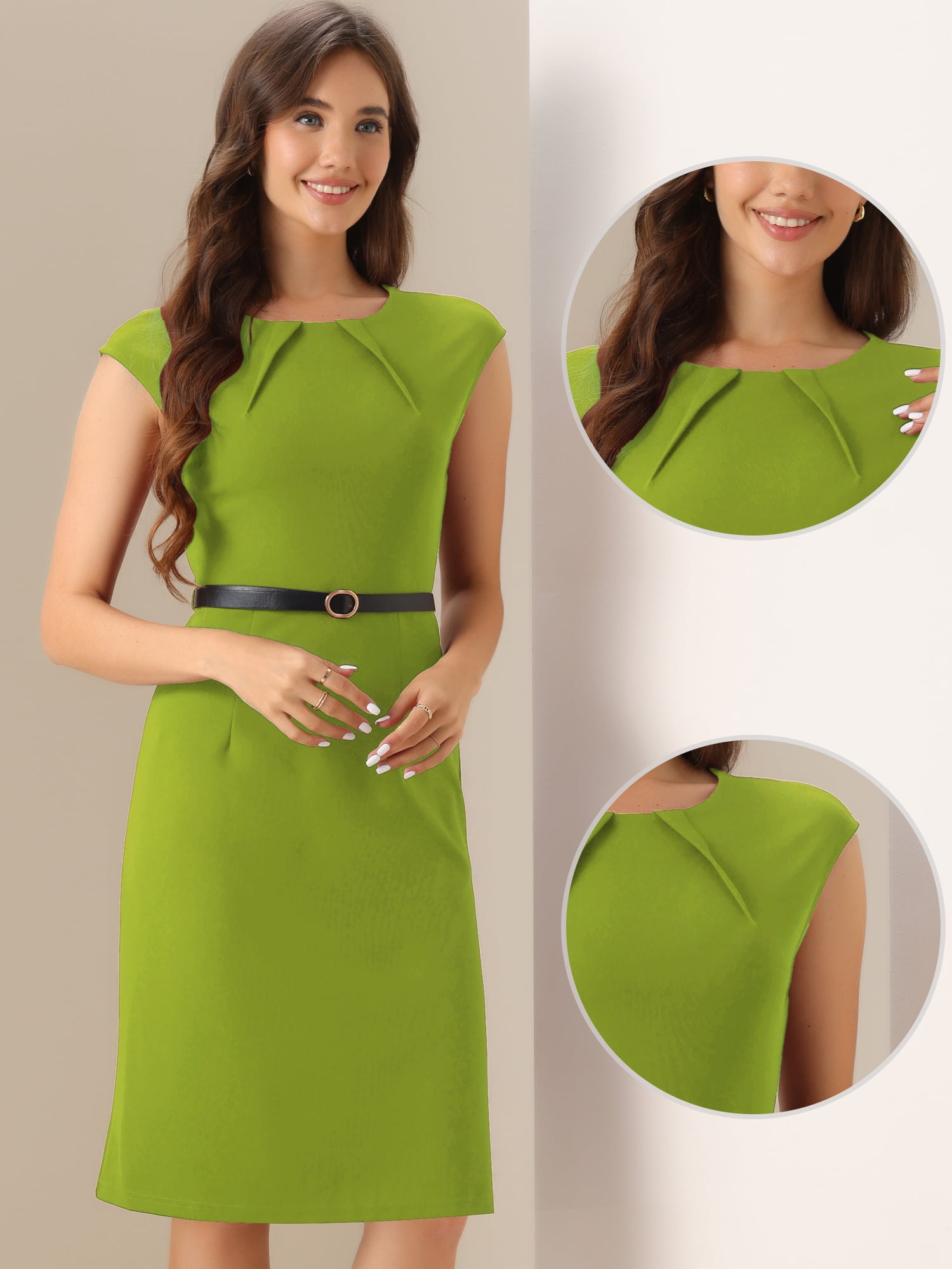 DARING DIVA Elegant Round Neck Cap Sleeve Belted Work Sheath Dresses XS Light Green