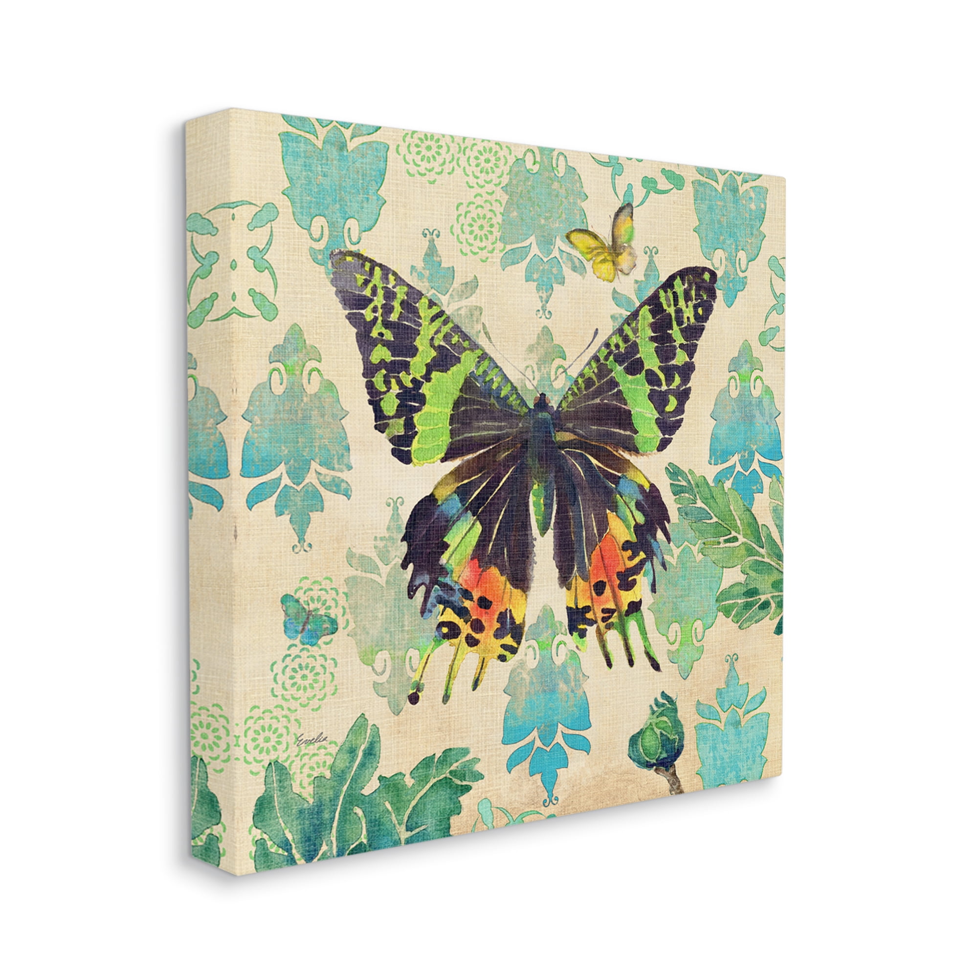 Stupell Turquoise Butterfly Damask Pattern Animals & Insects Painting Gallery Wrapped Canvas Print Wall Art