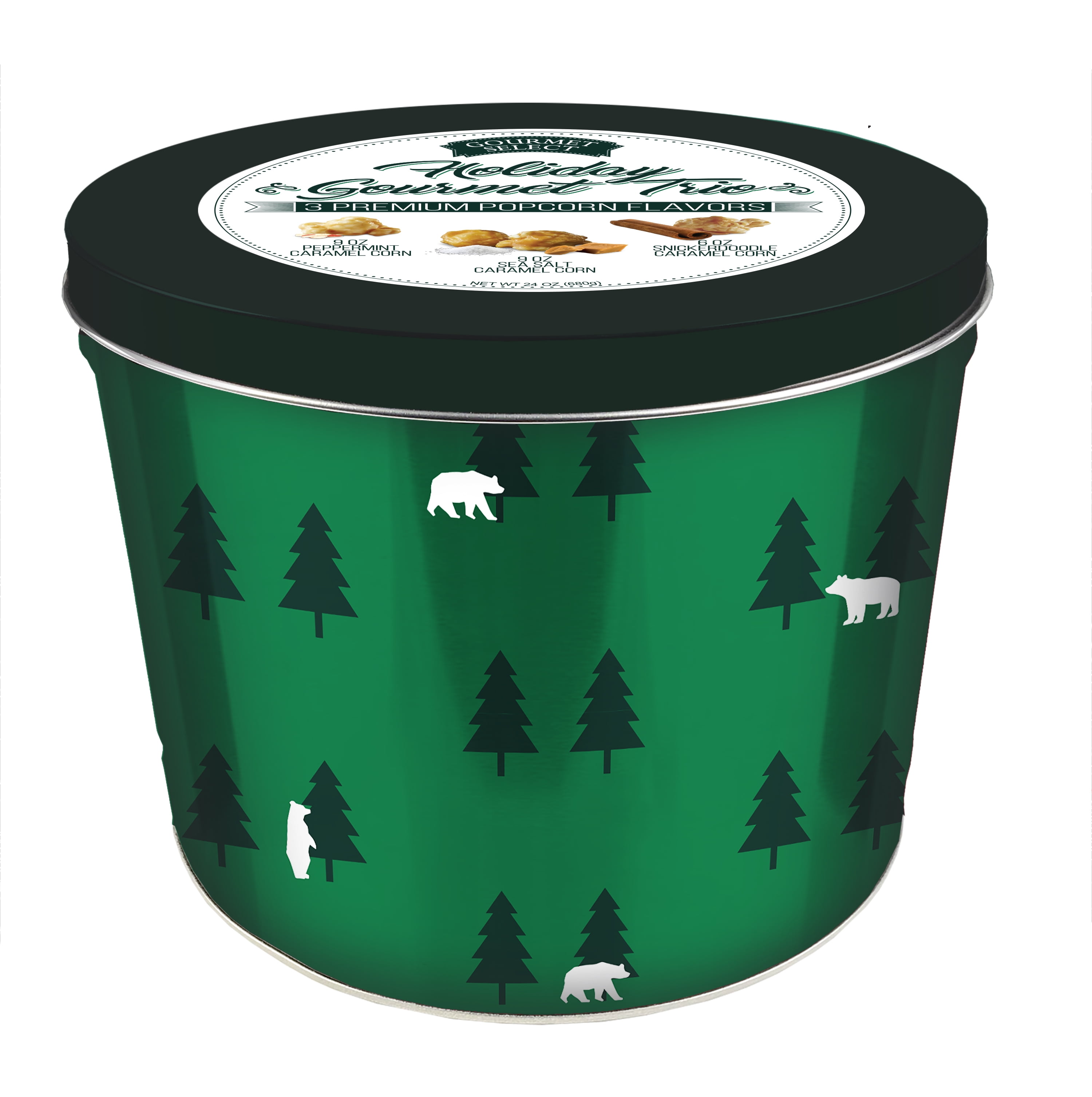 Hickory Farms Gourmet Select Polar Bear Assorted Popcorn Tin, 24 oz. (Peppermint, Snickerdoodle & Sea Salt Caramel Flavored Popcorn)