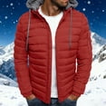 thumbnail image 2 of BiZtdJrK Mens Puffer Jacket with Hood Lightweight Warm Winter Coat Solid Color Casual Quilted Jackets with Zip Pocket, Red, S, 2 of 7