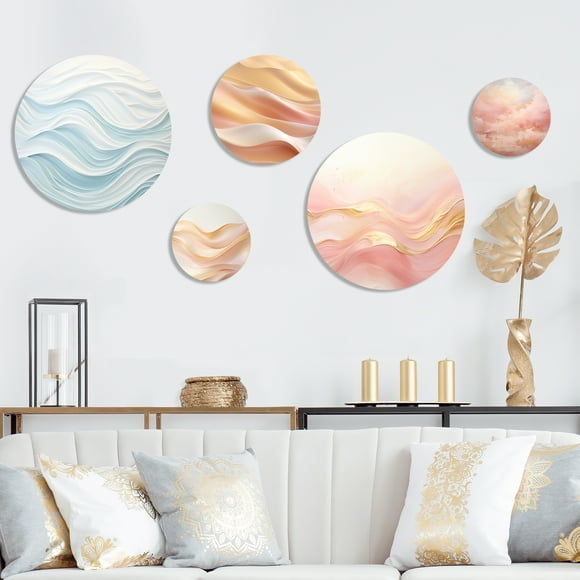 Designart "Simplistic Blue And White Waves" Modern Metal Wall decor Set Of 5 - Blue Metal Wall Art For Living Room
