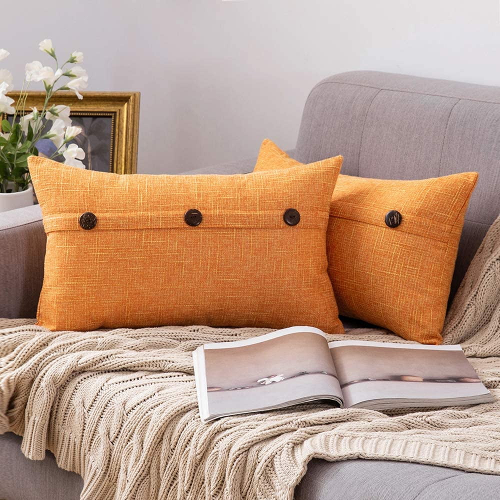 Set of 2 Farmhouse Pillow Covers for Couch Sofa Bed 12 x 20 Inch 30 x 50 cm lbiefde Lumbar Decorative Linen Throw Pillow Covers Orange Triple Button Vintage Cushion Covers 