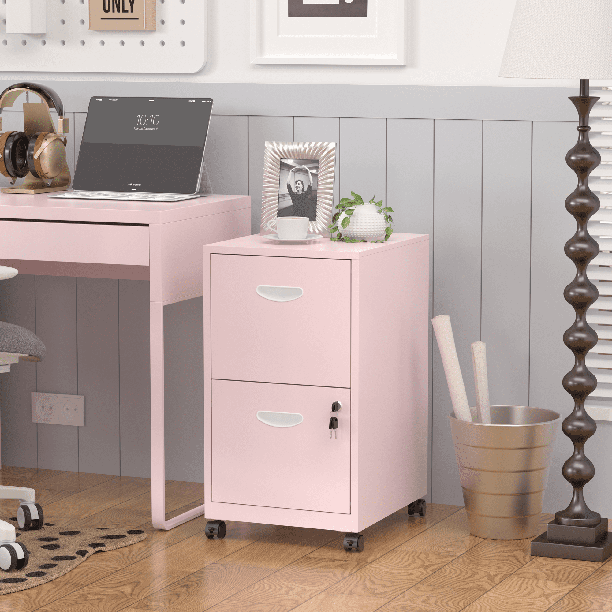 SteeLoong File Cabinet on Whells,Freestanding Storage Organizer,Pink Metal 2-Drawer,Letter Size,Easy Assemble