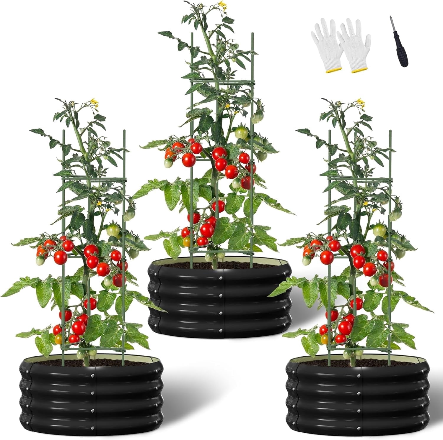 Slsy 3 Pcs 24x24x12in Round Galvanized Raised Garden Bed with Tomato Cages, Metal Planter Box for Planting Plants Vegetables Herbs Flowers