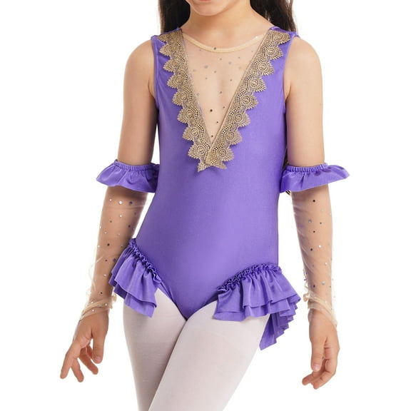 Hansber Kids Girls Halloween Circus Showmen Trapeze Outfits Ruffle Dance Leotard with Arm Sleeves Lavender 3
