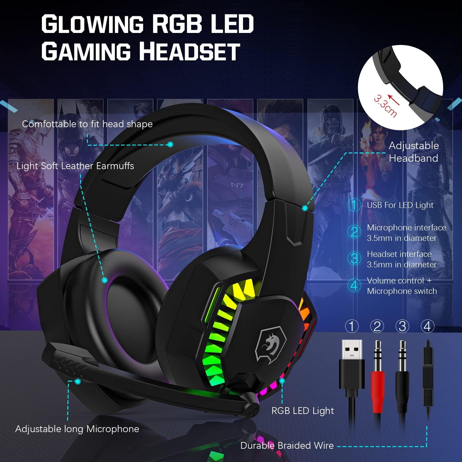 Wired Gaming Keyboard and Mouse and Mouse pad and Gaming Headset,Rainbow LED Backlit Keyboard,Over Ear Headphone with Mic,Gaming Mice,Mouse Pad,for PC Gamers and Xbox and PS4(Black/White)
