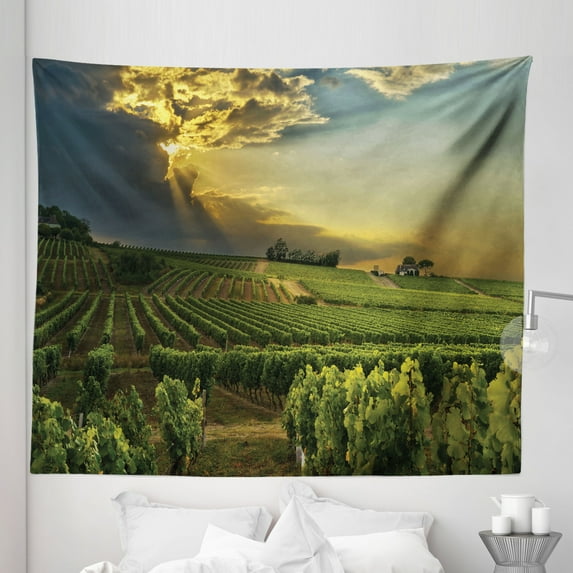 Winery Tapestry, Sunset over the Vineyards of the South of France Sunbeams Cloudscape Picture, Fabric Wall Hanging Decor for Bedroom Living Room Dorm, 5 Sizes, Green Yellow Grey, by Ambesonne
